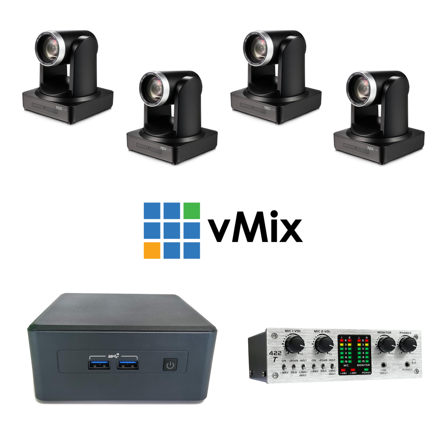 PTZCam CamKit4 NDI - Four PTZ Cameras with vMix Mini Switcher