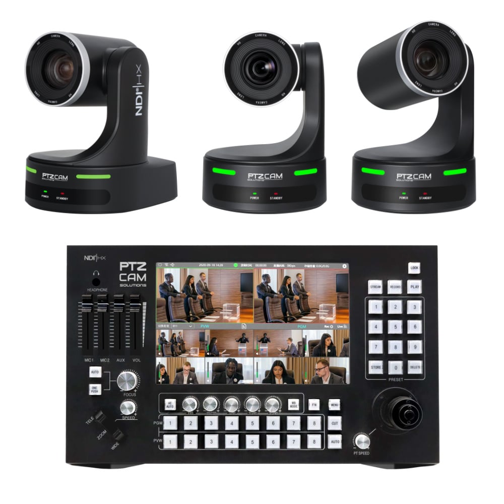 PTZCam Switch N8 NDI Switcher Bundle with Three 20X Optical Zoom PTZ Cameras