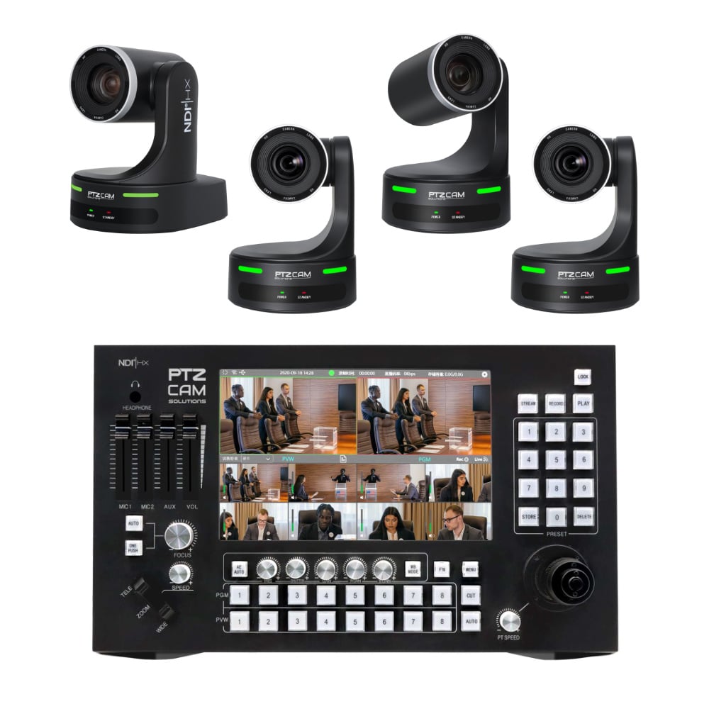 PTZCam Switch N8 Bundle with Four (4) 20X Zoom NDI|HX2 PTZ Cameras